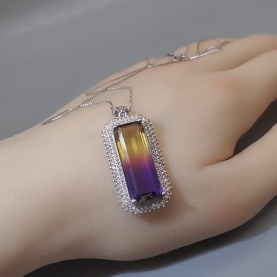 Created Ametrine Necklace - Sterling Silver Long Rectangle Amethyst Large Cubic Zirconia Necklace #865