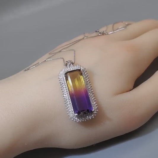Created Ametrine Necklace - Sterling Silver Long Rectangle Amethyst Large Cubic Zirconia Necklace #865