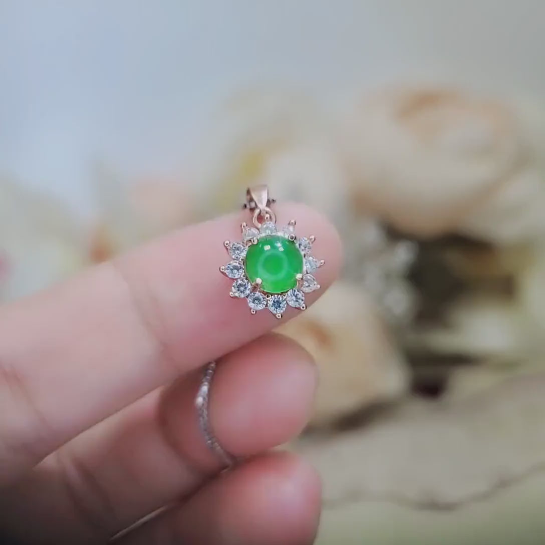 Rose Gold Green Jade Necklace Tiny Diamond Sunflower Sterling Silver Princess Diana Style Green Jade Pendant Jewelry 1077