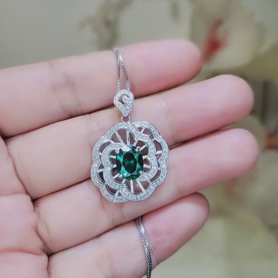 Large Gemstone Peony Emerald Necklace 2.1 CT Oval Cut Emerald  Pendant 18KGP @ Sterling Silver #562