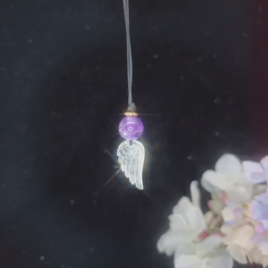 Amethyst Clear Quartz Angel Wing Necklace, Natural Purple Crystal Chunky Pendant, Adjustable Leather Cord, Spiritual Gift for Her #2073