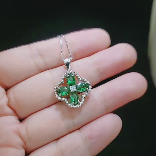 Four Leaf Clover Emerald Necklace – White Gold Lucky Charm Pendant – May Birthstone Jewelry – Handmade Gift for Her 080
