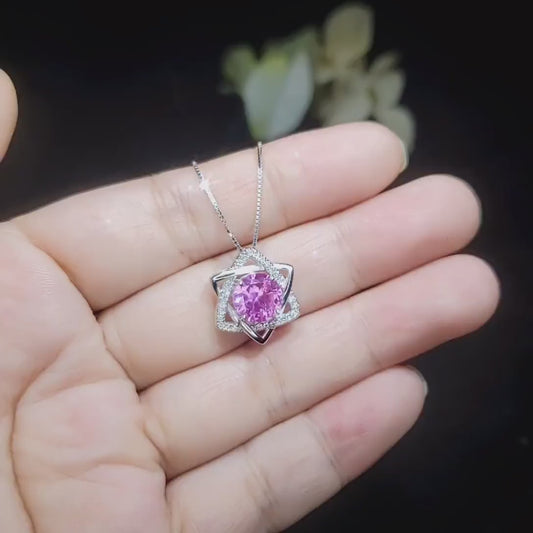 Pink Tourmaline Necklace Gemstone David Star Pendant Sterling Silver White Gold Plated - Solitaire 8 mm Round Pink Tourmaline Jewelry #434