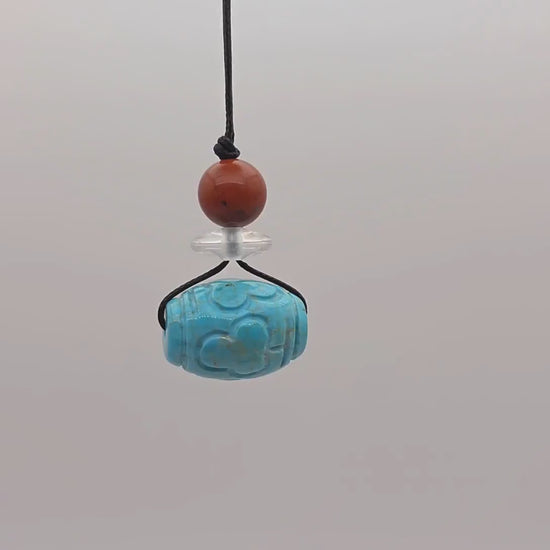 Turquoise Necklace Boho Large Chunky Jasper Pendant | Hand-Carved Natural Stone | Adjustable Leather Cord Long Chain up to 30" #22337