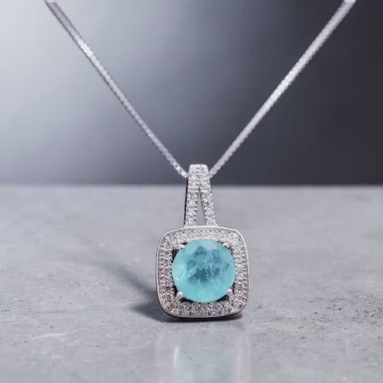Square Blue Paraiba Tourmaline Necklace Sterling Silver 8 mm Round Paraiba Gemstone Pendant #007