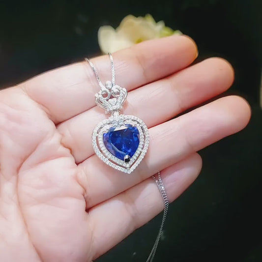 Tanzanite Necklace - Gemstone Royal Ocean Heart Tanzanite Pendant  - 7 CT Double Halo Crown  Blue Tanzanite Titanic Jewelry #896
