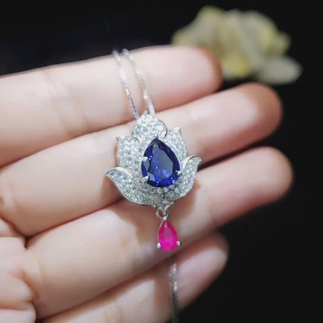 Tanzanite Necklace - Gemstone Lotus Flower Pendant - Sterling Silver  - Teardrop Halo Large Deep  Blue Tanzanite 2.75 CT #921