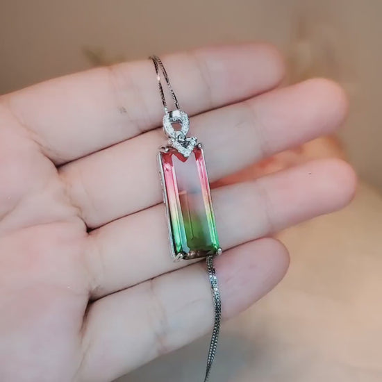 Watermelon Tourmaline Rectangle Necklace full Sterling Silver Rainbow Pink Lab Created  Tourmaline Pendant #978