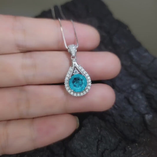 Round Paraiba Necklace - 2 CT Created Blue Tourmaline Paraiba Teardrop Sterling Silver Pendant 092