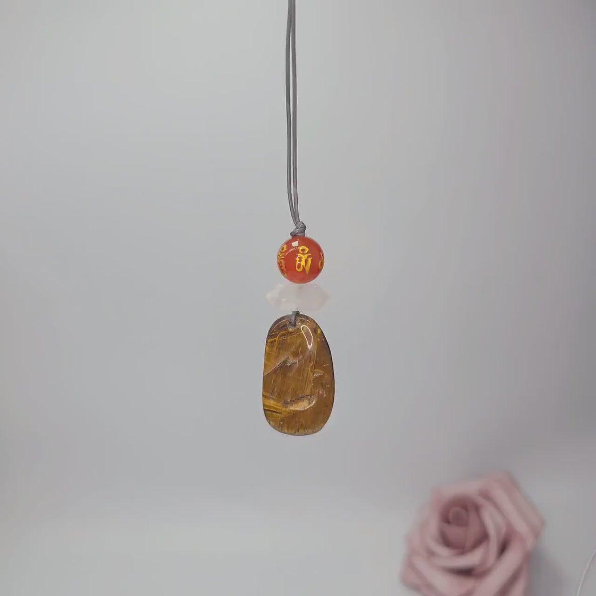 Chunky Tiger's Eye Necklace, Geometric Mantra Carnelian & Quartz Pendant, Zen Spiritual Protection Jewelry, adjustable leather cord #2578