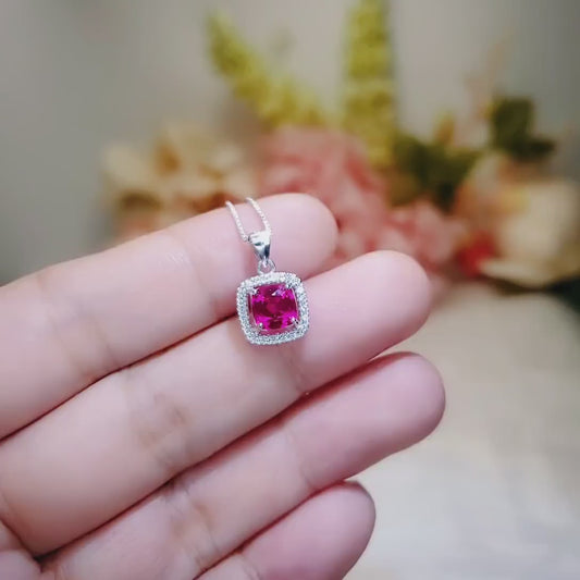 Tiny Square Ruby Necklace Sterling Silver - Minimalist Asscher Cut Tiny Lab Created Ruby Pendant - Small Ruby Jewelry 044