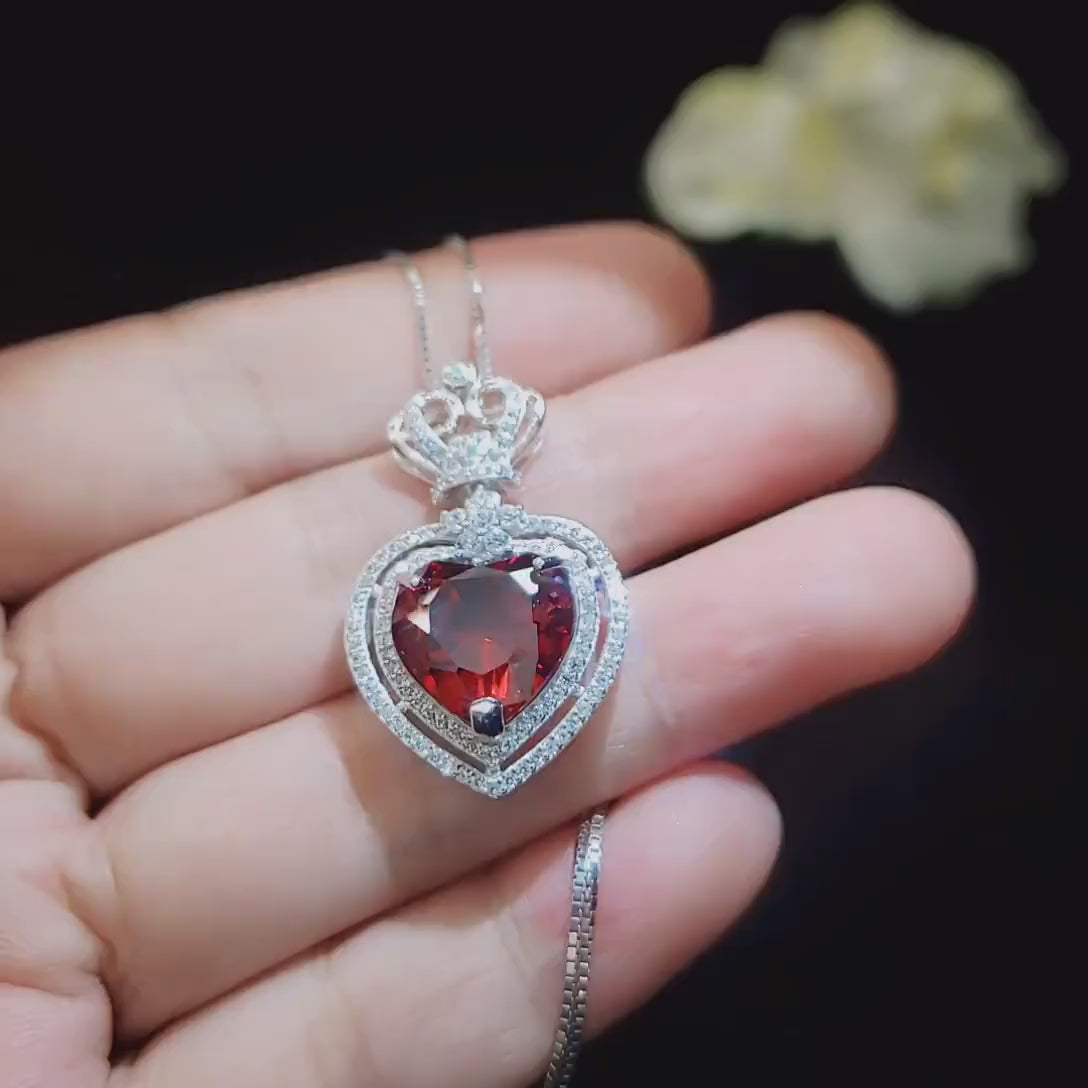 Large Garnet Necklace - Double Diamond Heart Pendant - White Gold Coated Sterling Silver - 7 ct Created Spessartite Garnet Pendant 1068
