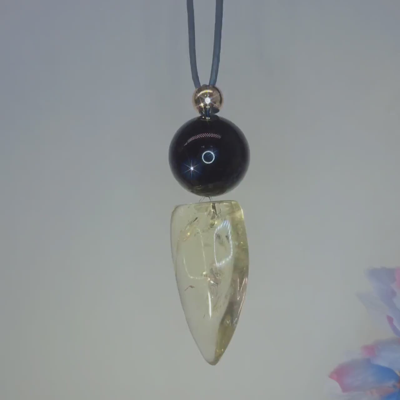 Chunky Citrine Shield Necklace, Geometric Black Obsidian Pendant on 30" Adjustable Real Leather Cord, Large Natural Crystal Protection #2540