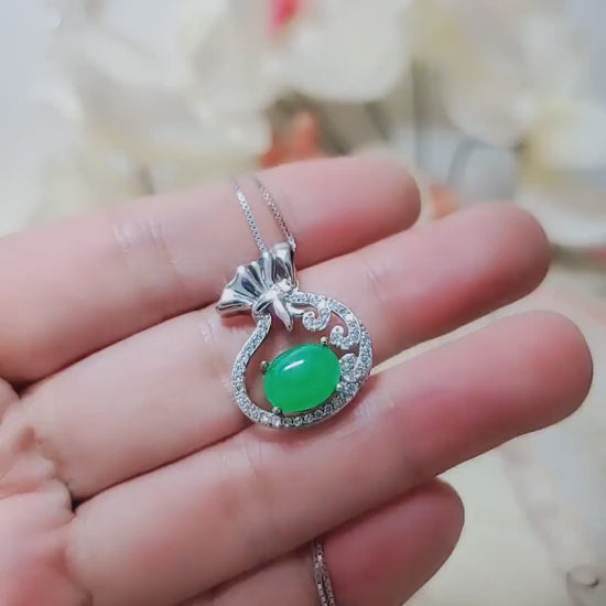 Money Pouch Emerald Jade Necklace - 18KGP @  Sterling Silver - Green Jade Pendant #323