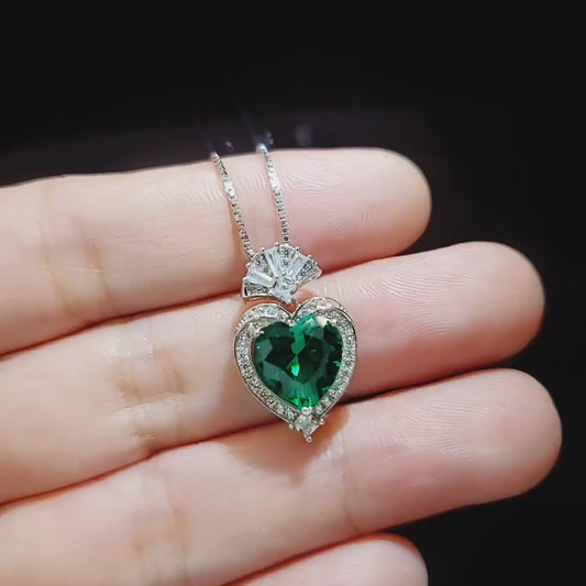 Large Green Emerald Heart Necklace -  White Gold coated Sterling Silver - 4 CT Green Emerald Pendant #576