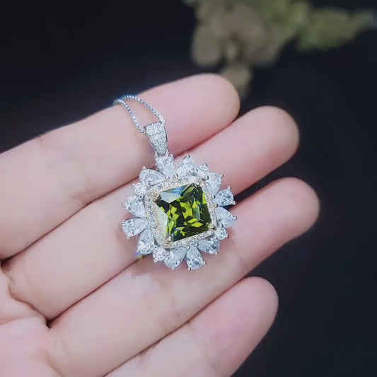 Peridot Necklace Large ASSCHER Cut - 6 ct Square Green Peridot Pendant - White Gold coated Sterling Silver August Birthstone #815