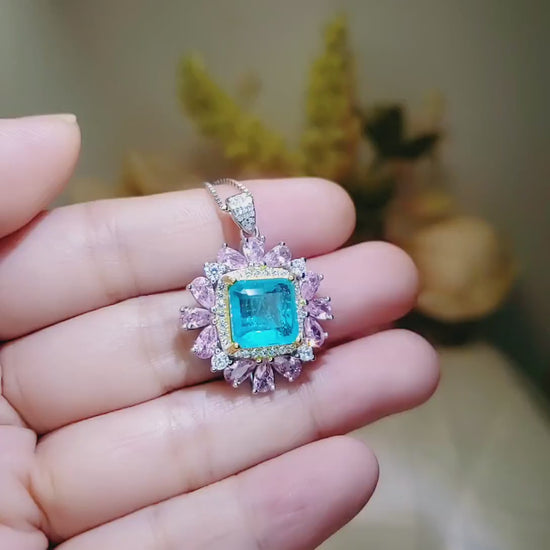 Large Square Paraiba Necklace Pink Topaz Sim Gemstone Pendant White Gold coated Sterling Silver  Blue Paraiba Pendant Jewelry #814