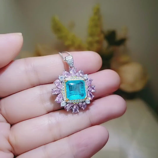 Large Square Paraiba Necklace Pink Topaz Sim Gemstone Pendant White Gold coated Sterling Silver  Blue Paraiba Pendant Jewelry #814