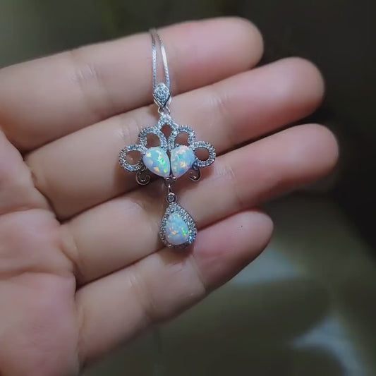 Sterling Silver Opal Tassel Necklace - Fire White Opal Wedding Bridal Gemstone Pendant, Flower Phoenix Jewelry #621