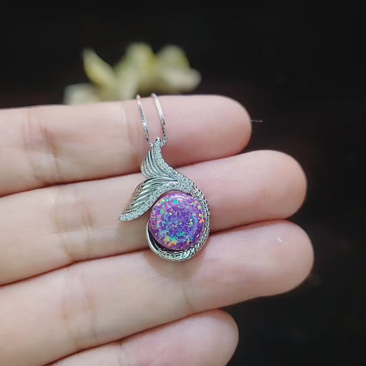 Purple Opal Necklace - Mermaid  Fish Tail Pendant - 18KGP @ Sterling Silver #612