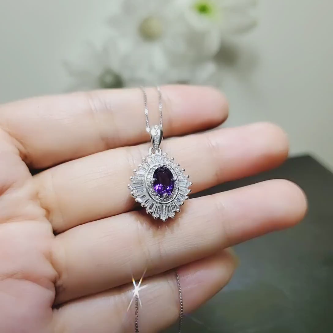 Sim Gemstone Genuine Amethyst Necklace - 18KGP @  Sterling Silver Halo 1.5 Ct Natural Purple Amethyst Pendant February Bridal  #620