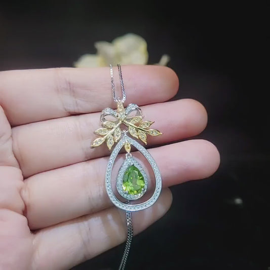Teardrop Genuine Peridot Necklace The Tree Of Life Pendant 18KGP @ Sterling Silver Olive branch 2.5 Ct  Pear Cut Green Peridot Jewelry #862