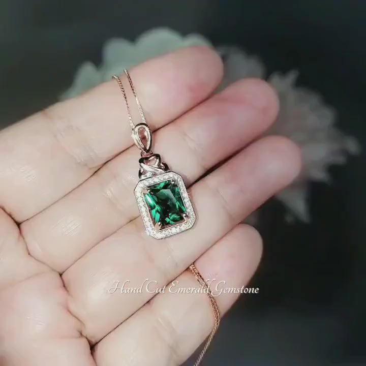 Dainty Emerald Necklace - Gemstone Accent Green Emerald Pendant - Rose Gold Coated 925 Sterling Silver Green Gemstone May Birthstone #344