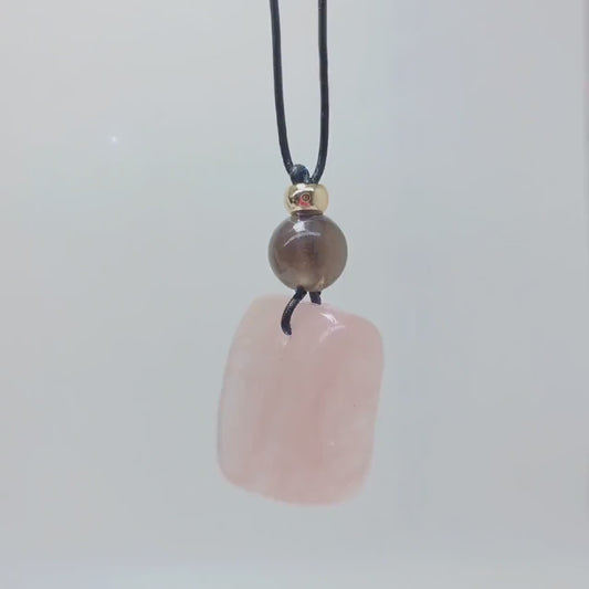 Large Raw Chunky Rose Quartz Necklace with Smoky Quartz Crystal healing jewelry, Genuine Leather Cord Adjustable up to 30 inches