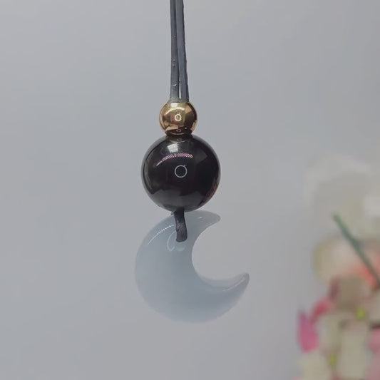 Cat Eye Necklace Moon Pendant, Obsidian Natural Gemstone Chunky Geometric Selenite Jewelry, Gift for Him Her, Adjustable Leather Cord