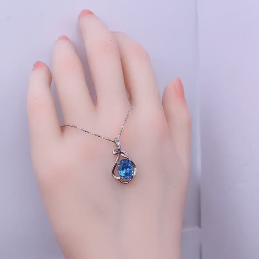 Sterling Silver Flower Topaz Necklace -  Swiss Blue Simple Topaz Jewelry November Birthstone #150
