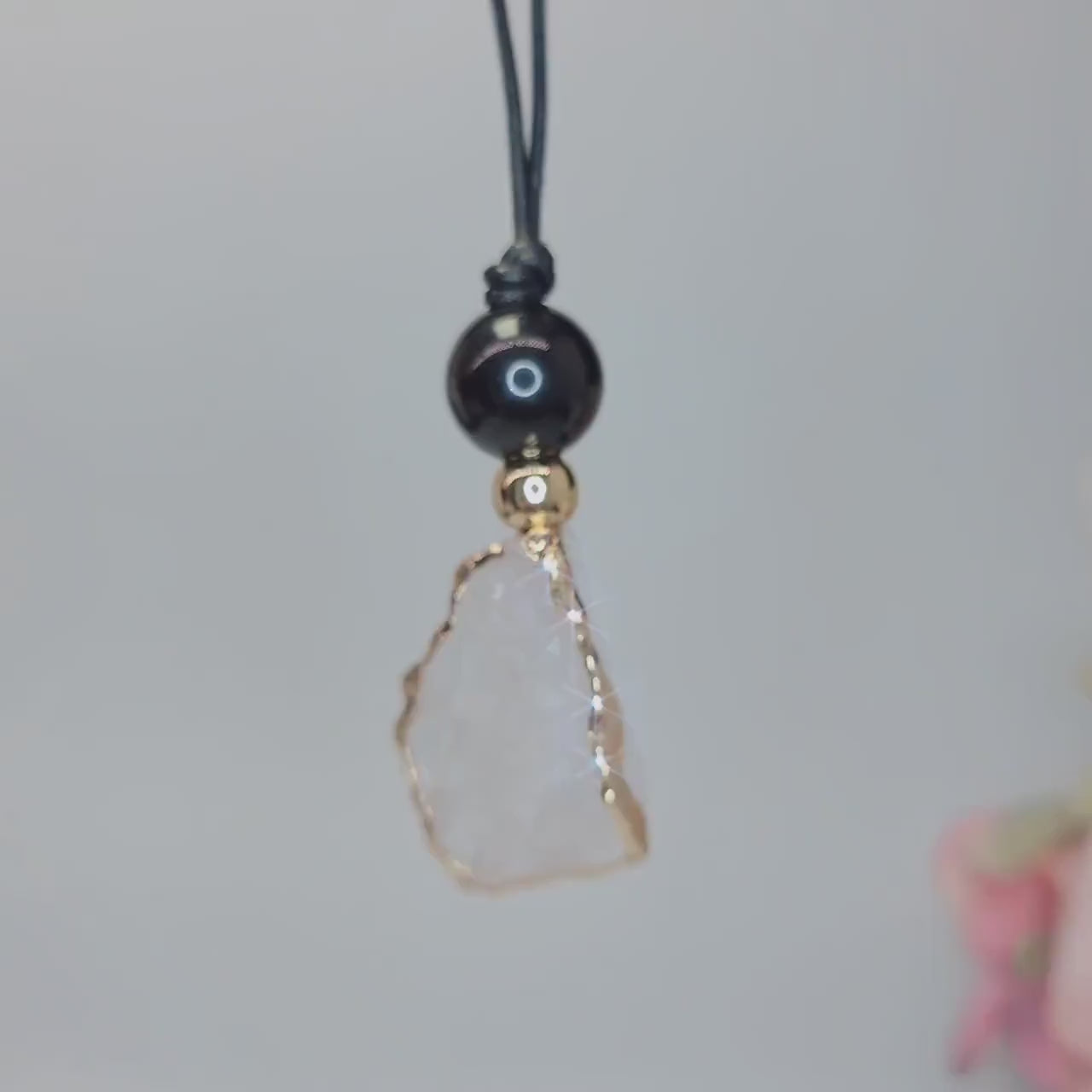 Clear Quartz Pendant Necklace, Chunky Geometric Obsidian Healing Crystal Jewelry, Adjustable Leather Cord