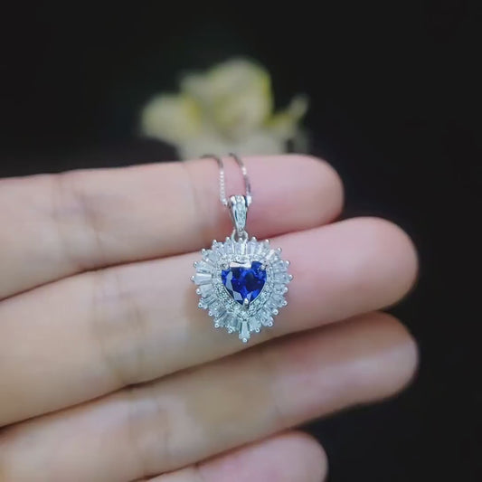 Blue Sapphire Necklace Gemstone Double Halo Heart Style 18kgp @ Sterling Silver Dainty Blue Sapphire Heart Pendant September Birthstone #296