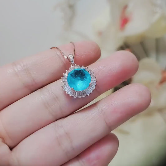 Paraiba Necklace - Rose Gold Coated Sterling Silver Solitaire  4 CT Blue Paraiba Tourmaline Necklace #378