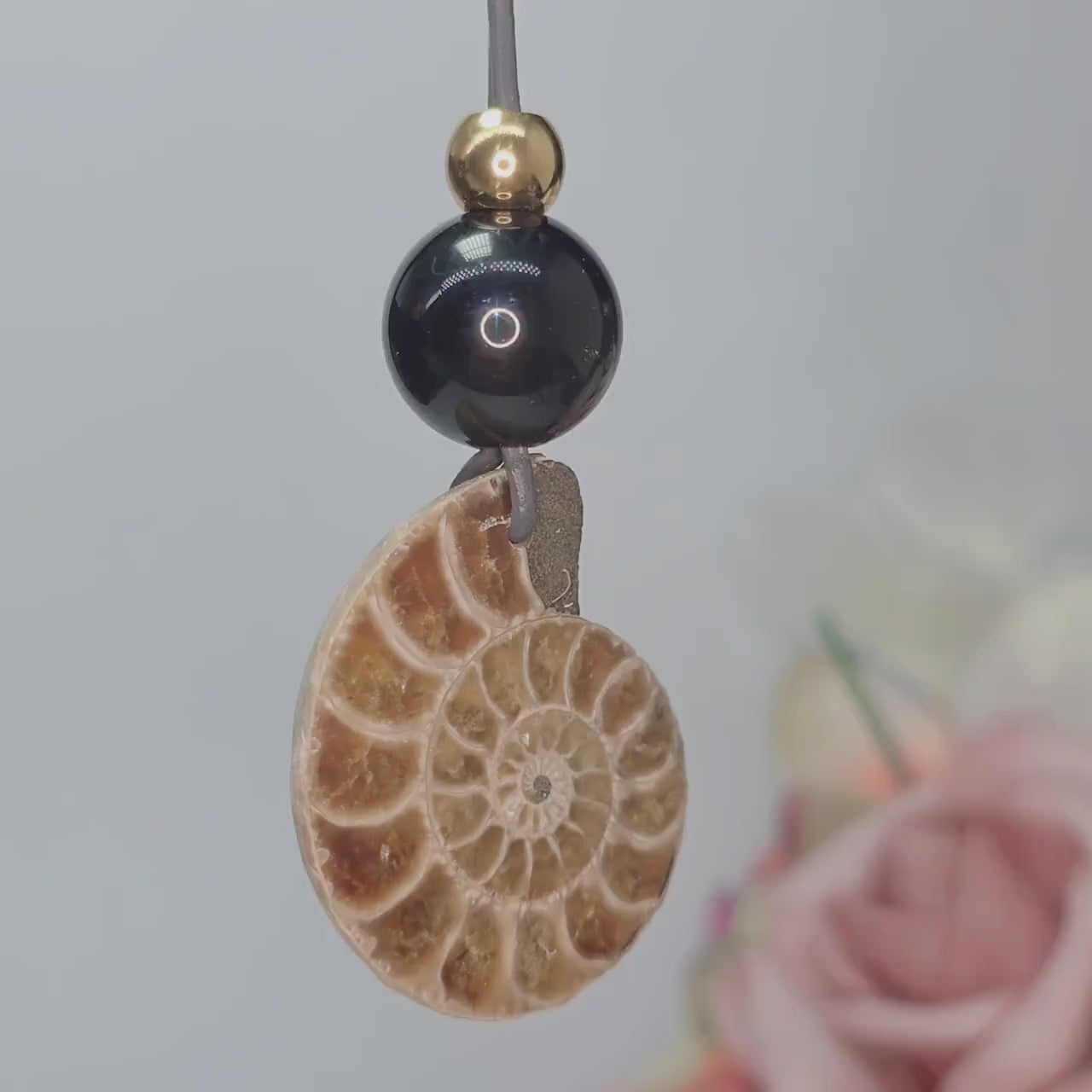 Geometric Ancient Ammonite Fossil Necklace, Chunky Natural Shell Pendant with Black Obsidian, Adjustable Leather Cord up to 30 inches #2558