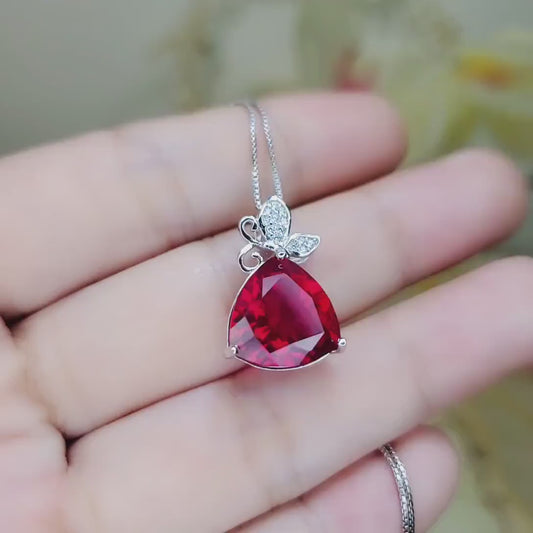 Large Trillion Cut 8 CT Ruby Necklace - Sterling Silver Butterfly Style Pendant -   July Birthstone - Pigeon Blood Red Ruby Jewelry - #633