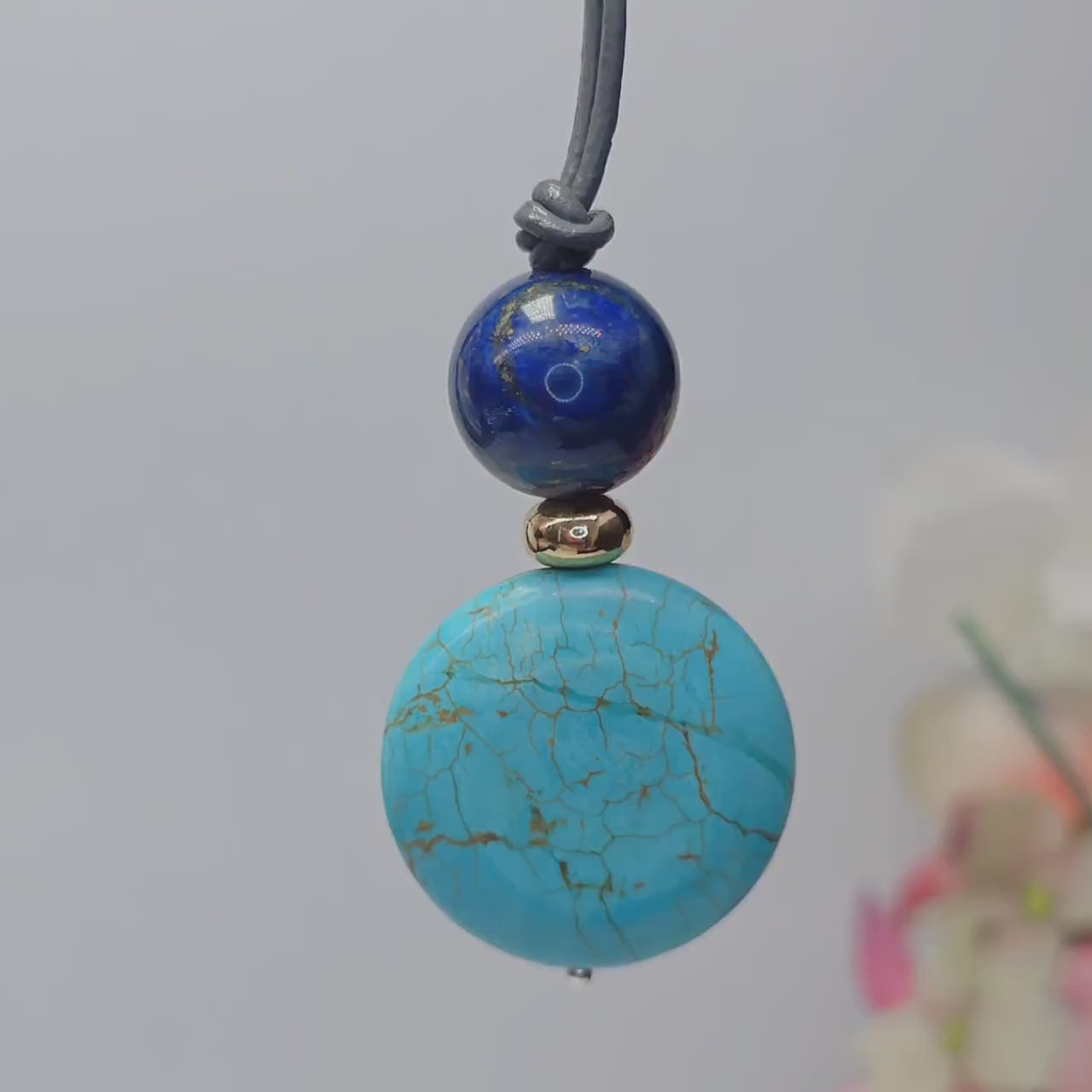 Turquoise Necklace Lapis Lazuli Pendant, Natural Blue Gemstone Chunky Geometric Jewelry, Adjustable Leather Cord