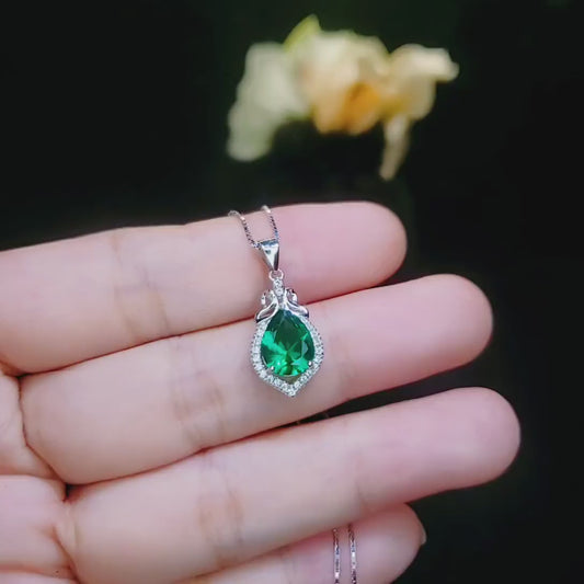 Tiny Sterling Silver Emerald Necklace - Teardrop Emerald Pendant - May Birthstone Petal Leaf Green Gemstone Jewelry - 18KGP #287