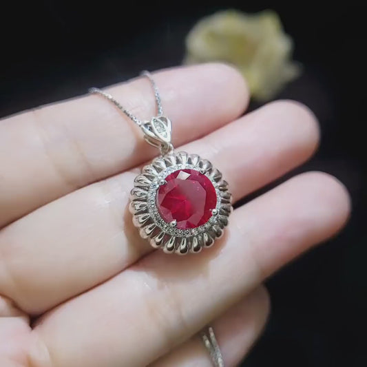 Ruby Necklace - Sterling Silver Large Sunflower Round Red Ruby Pendant - 14K White Gold Coated - Ruby Jewelry #965
