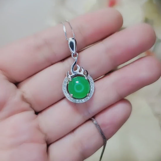 Green Emerald Jade Necklace - 925 Sterling Silver Fire Style Green Stone Necklace  May Birthstone CZ Pendant 1050