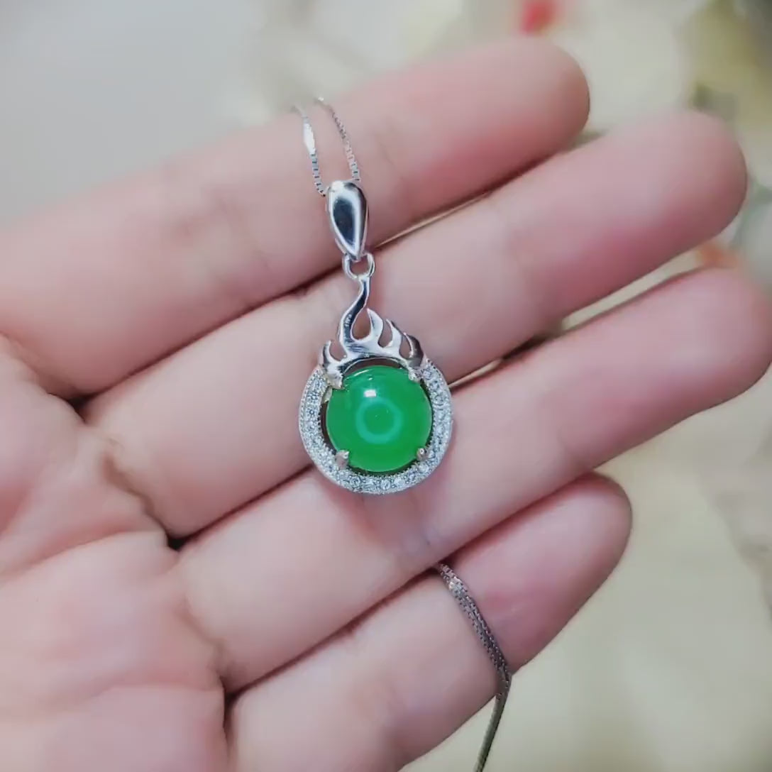 Green Emerald Jade Necklace - 925 Sterling Silver Fire Style Green Stone Necklace  May Birthstone CZ Pendant 1050