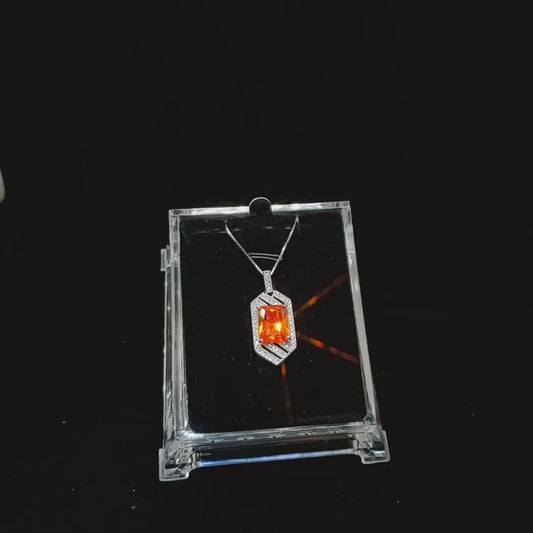Spacecraft Style Sunstone Necklace - Rectangle Scissor Cut  - 4.5 CT Orange Sunstone Pendant -  White Gold coated Sterling Silver #1016
