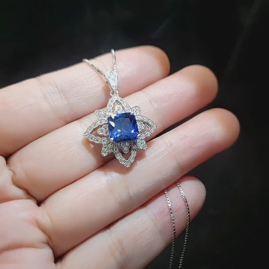 Square Blue Tanzanite Necklace - Gemstone Medal of Honor Flower Sterling Silver Star Celestial Jewelry    #513
