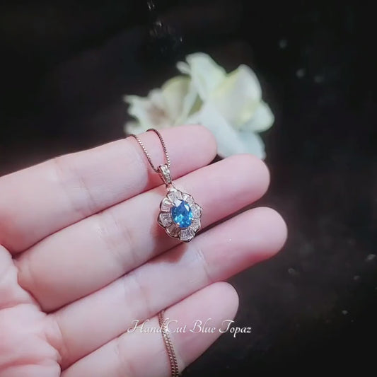 Bloom-style Blue Topaz Necklace, Rose Gold Overlay, Sterling Silver, Artistic Tiny Mini Blue Gemstone Pendant #191