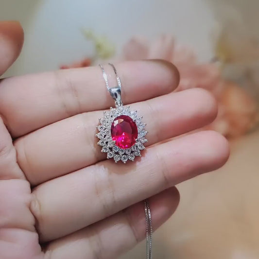 Large Double Gemstone Circle Halo  Ruby Necklace Sterling Silver White Gold plated Ruby Jewelry #541