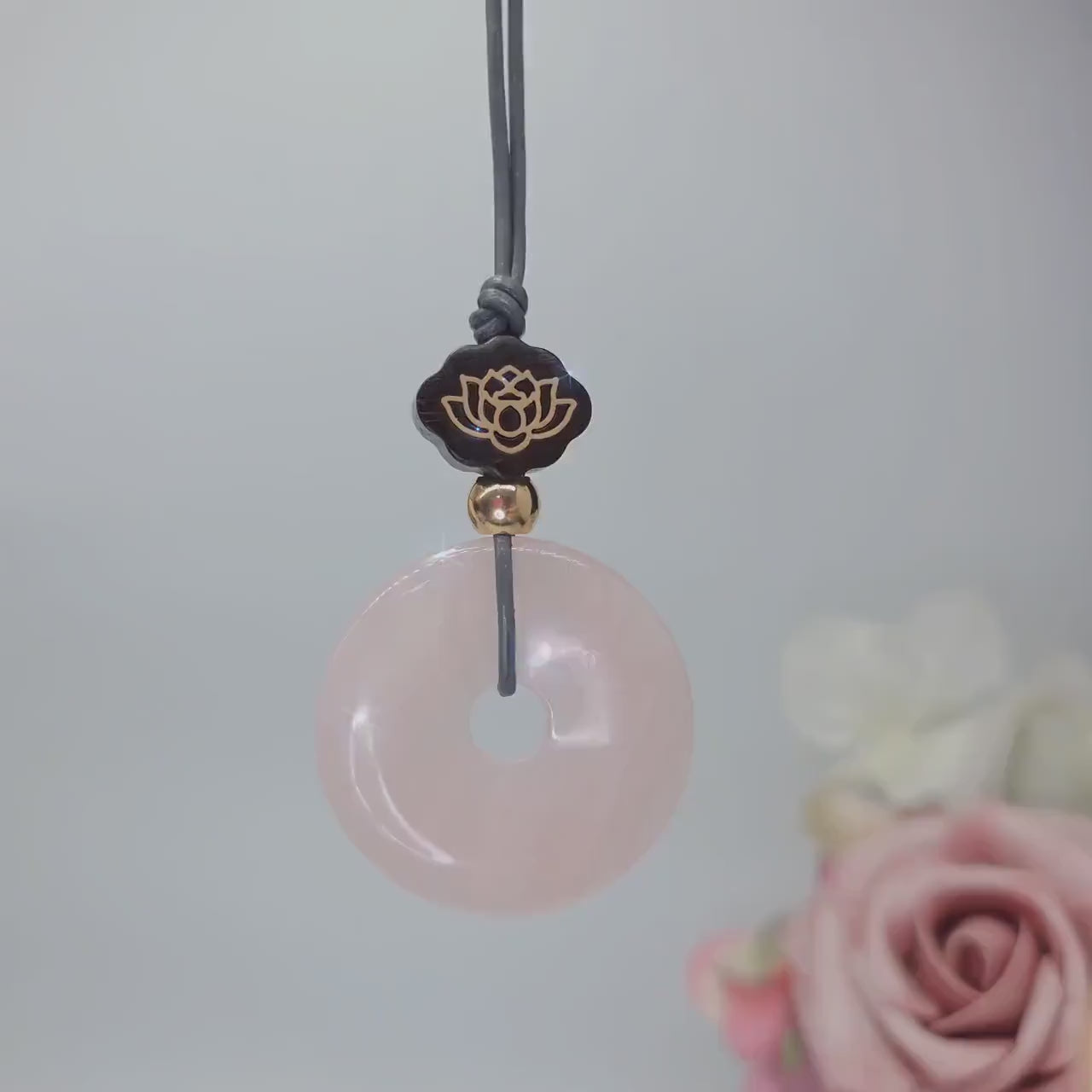 Rose Quartz Necklace Lotus Sandalwood Pendant Natural Crystal Chunky Peace Buckle Jewelry for Women Men Gift Adjustable Leather Cord