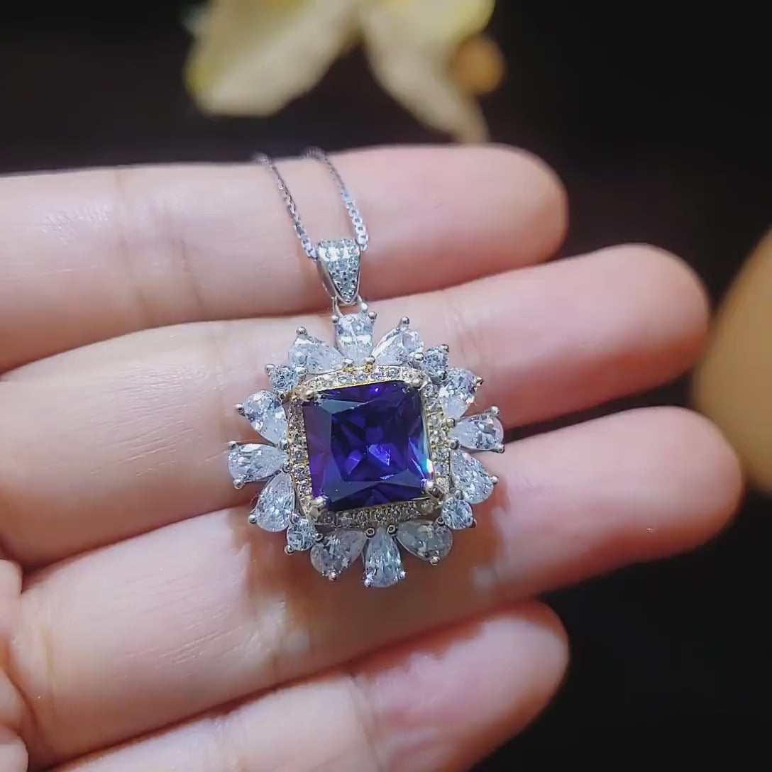 Large Square Tanzanite Necklace -  Gemstone Halo Square  Sterling Silver 18KGP - 7 CT 10 MM Lab Created Tanzanite Jewelry #810