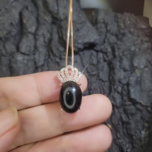 Black Onyx Necklace - Rose Gold Royal Crown Necklace -  High Energy Frequency Protective  Oval Natural Genuine Black Onyx Pendant #645