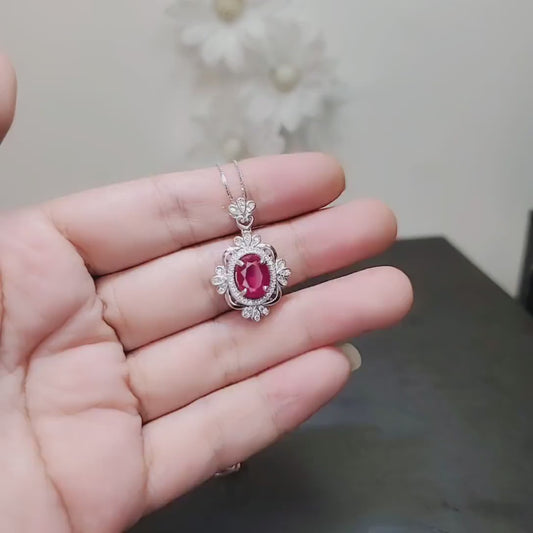 18KGP Ruby Necklace - Gemstone Flower  2.3 CT Ruby Pendant Sterling Silver Vantage Style Royal Red Gemstone Pendant - July Birthstone #538