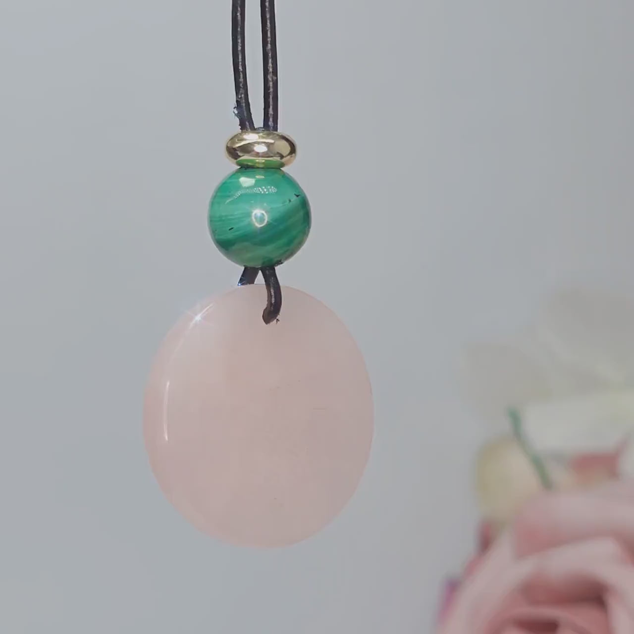 Geometric Flower of Life Rose Quartz Necklace, Chunky Malachite Bead Spiritual Pendant, Adjustable Leather Cord up to 30 Inches #2564