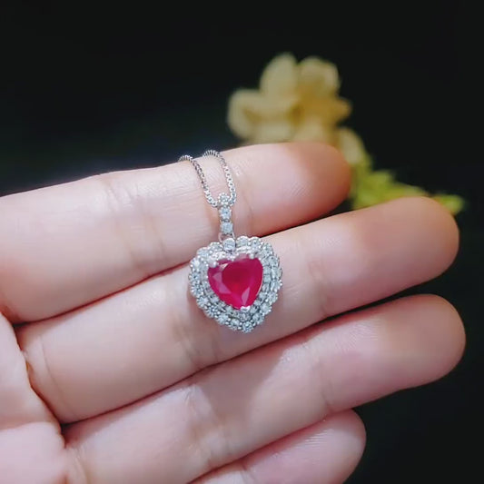 Red Ruby Heart Necklace Double Diamond Halo White Gold Plated Sterling Silver July Birthstone 2 CT Pendant